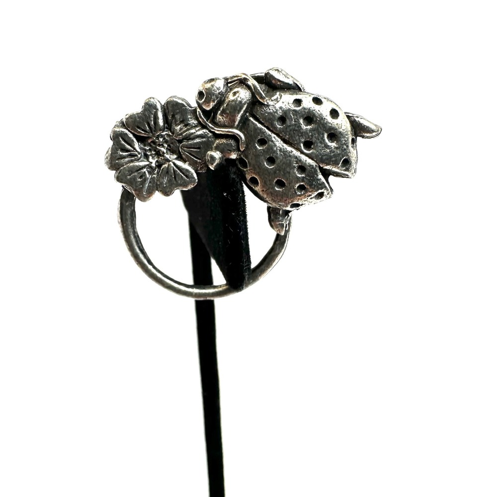 Vintage Silver‎ Tone Ladybug Flower Scarf Ring Pin Dual Use Whimsical Accessory